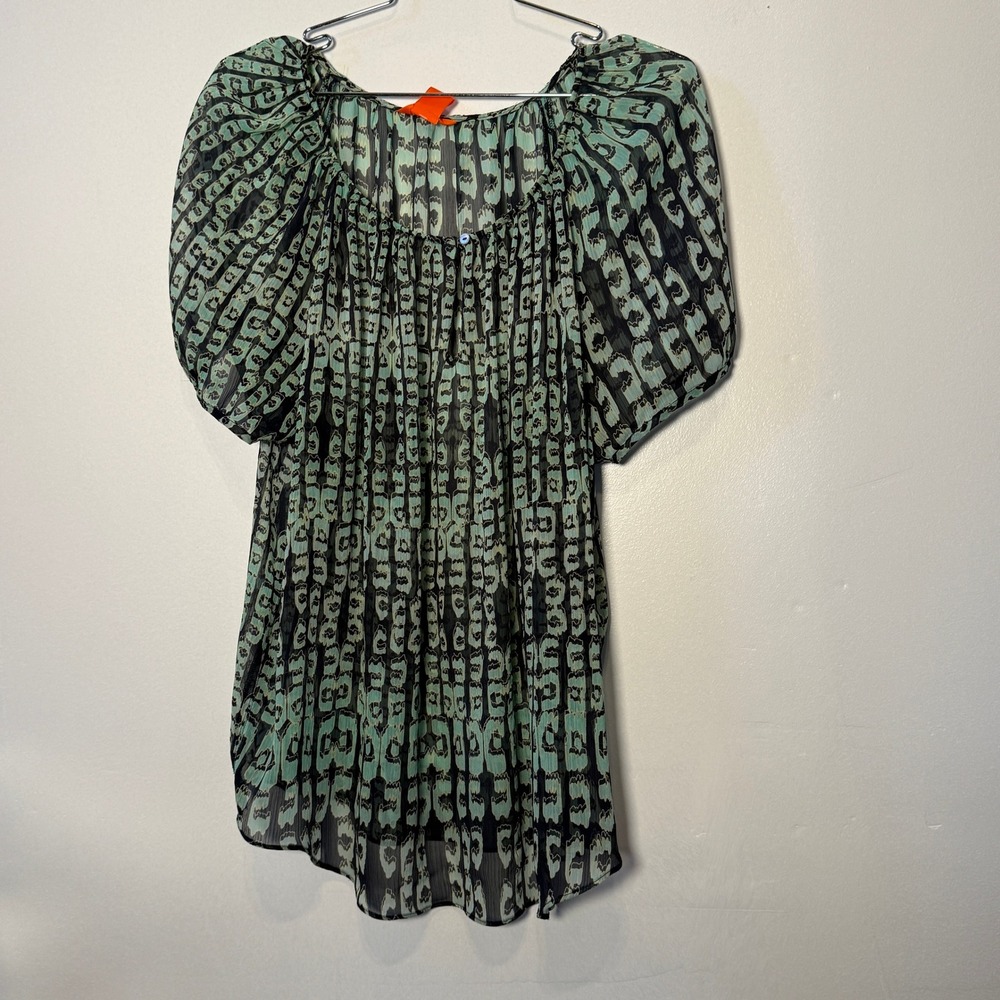Joe Fresh Womens Mint Green Black Abstract Chiffon Puff Sleeve Tunic Top Large